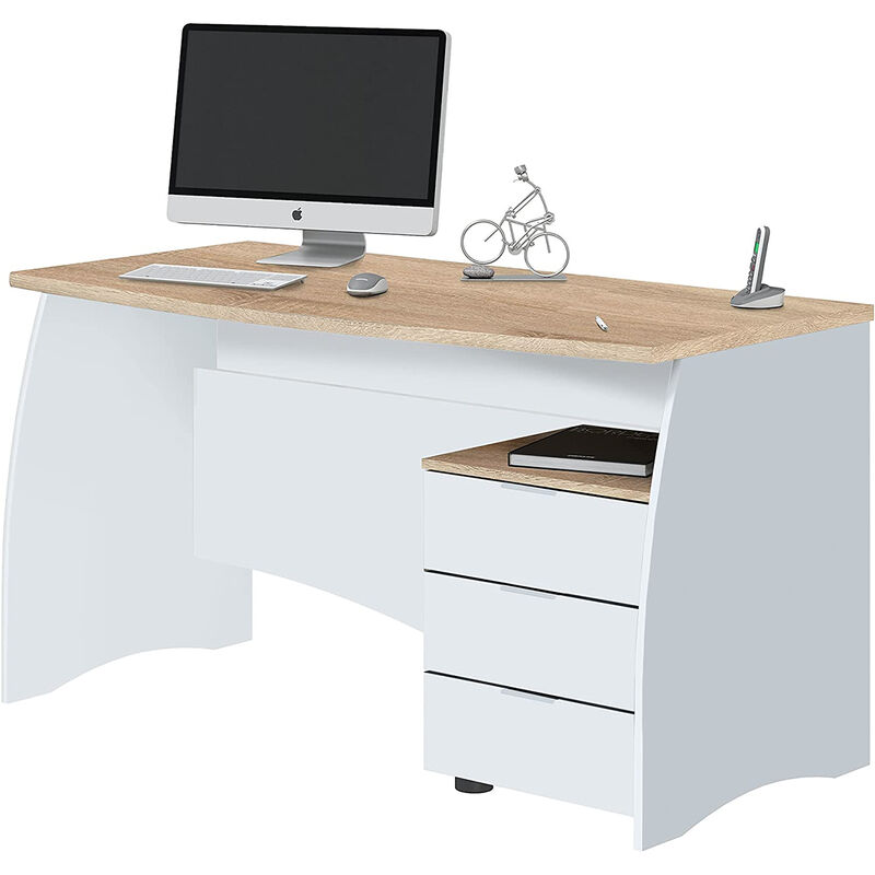 Scrivania, Scrittoio da ufficio, Tavolo da studio porta PC con 3 cassetti,  cm 136x67h74, Bianco e Rovere