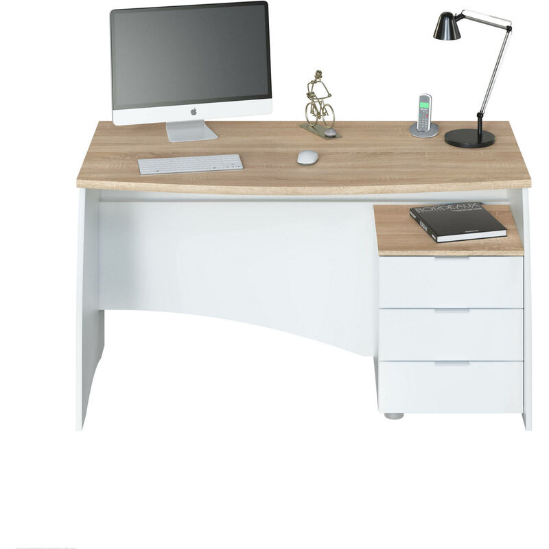 Scrivania, Scrittoio da ufficio, Tavolo da studio porta PC con 3 cassetti,  cm 136x67h74, Bianco e Rovere