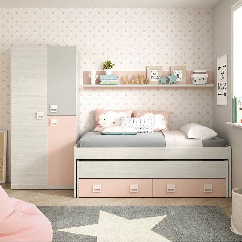 Letto singolo design per cameretta in tessuto rosa e legno bianco cm  128x199x116h