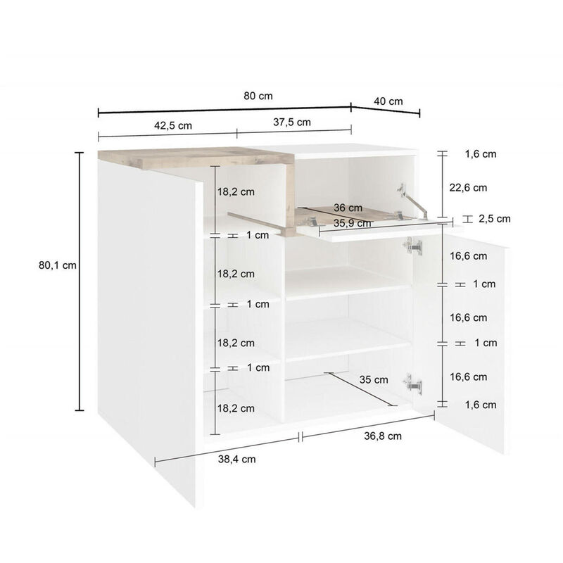 Dmora - Scarpiera Dmaric, Mobile multiuso a 2 ante e 1 anta a ribalta,  Portascarpe da ingresso, 100% Made in Italy, cm 80x40h80, Bianco lucido e  Acero