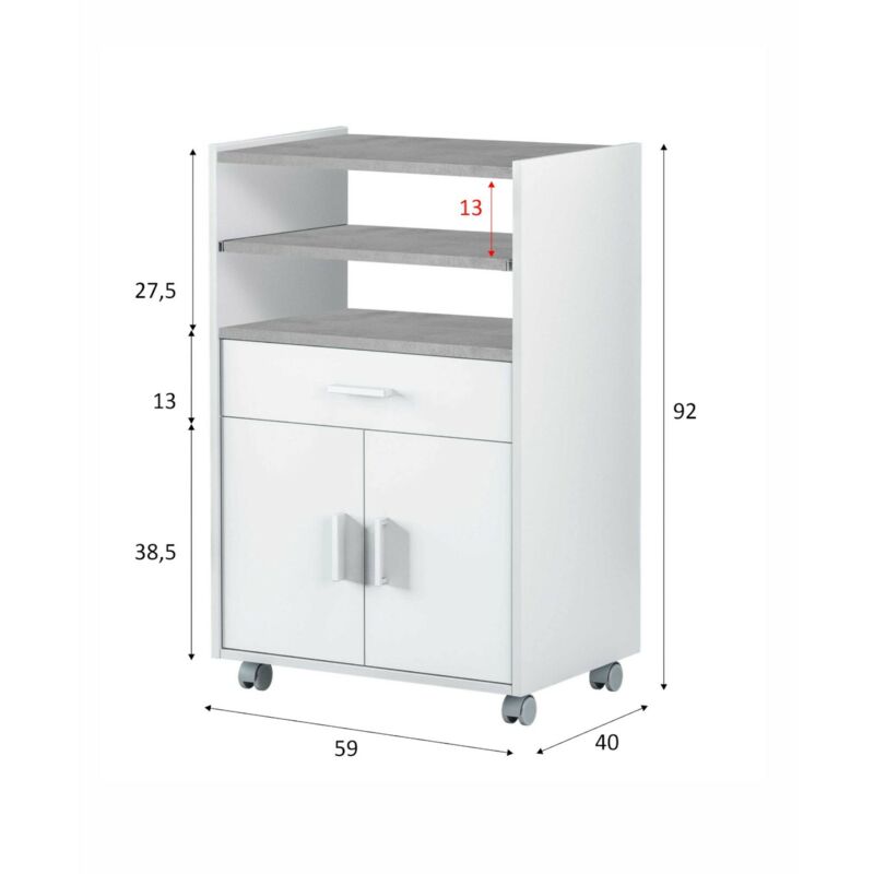 Dmora - Carrello Dmatte, Mobile ausiliare per cucina con ruote, Armadio  multiuso con 2 ante e 1 ripiano, 59x40h92 cm, Bianco