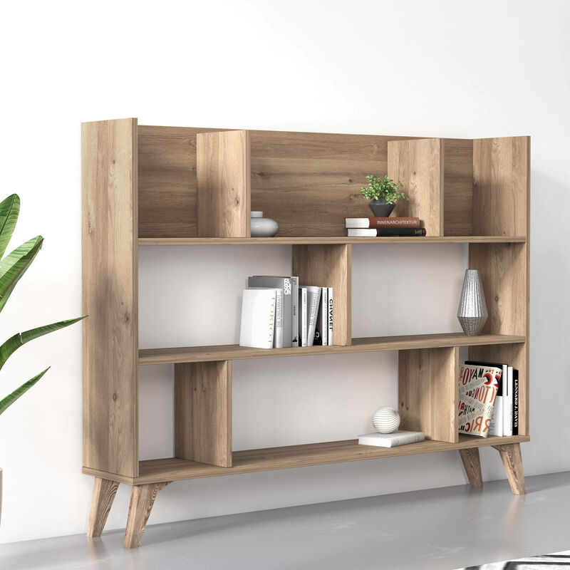 Moderna libreria con tre scomparti asimmetrici, cm 60 x 27 x 65