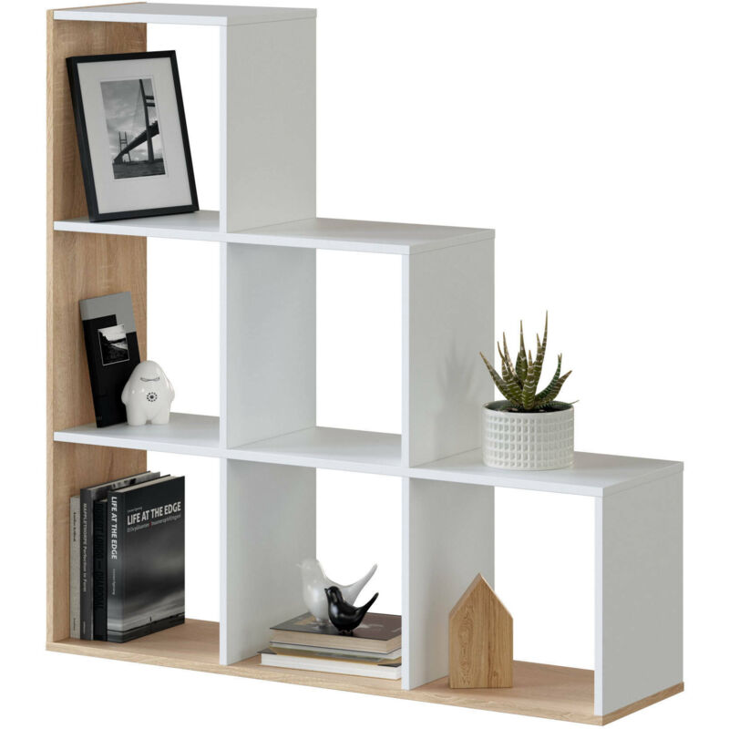 Libreria Dbarth, Mobile portalibri bifacciale con 6 scomparti, Scaffale  divisorio da ufficio, 108x28h110 cm, Bianco e Rovere