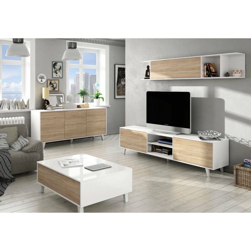 Credenza Moderna Soggiorno 154 Cm - 3 Ante E 6 Vani - Finitura Cemento E Bianco Frassino