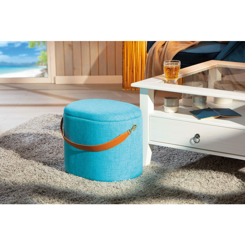 Dmora Pouf contenitore in tessuto con maniglia in ecopelle, colore azzurro, cm  42x30x36