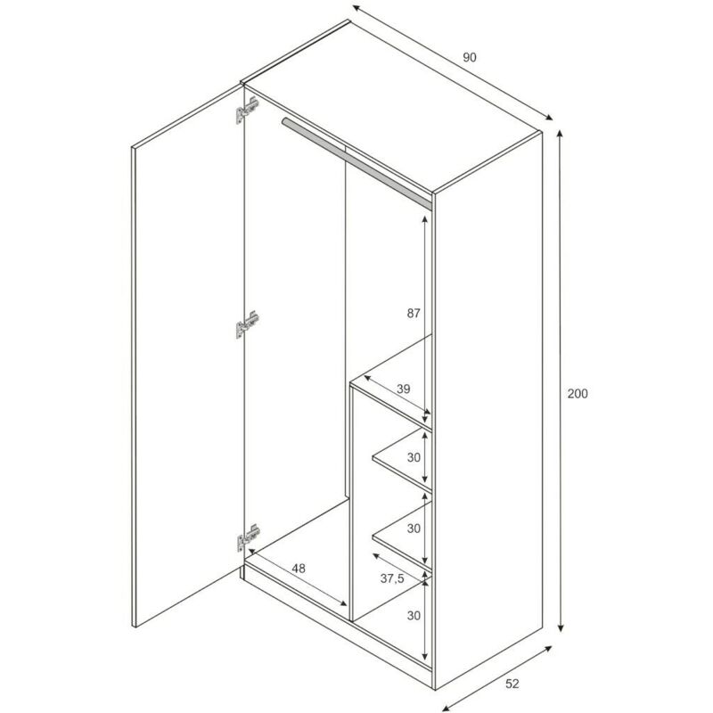 Dmora Armadio A Tre Ante E Tre Cassetti Con Ripiani E Bastone Appendiabiti  Bianco Misure 121x180x52 cm Bianco