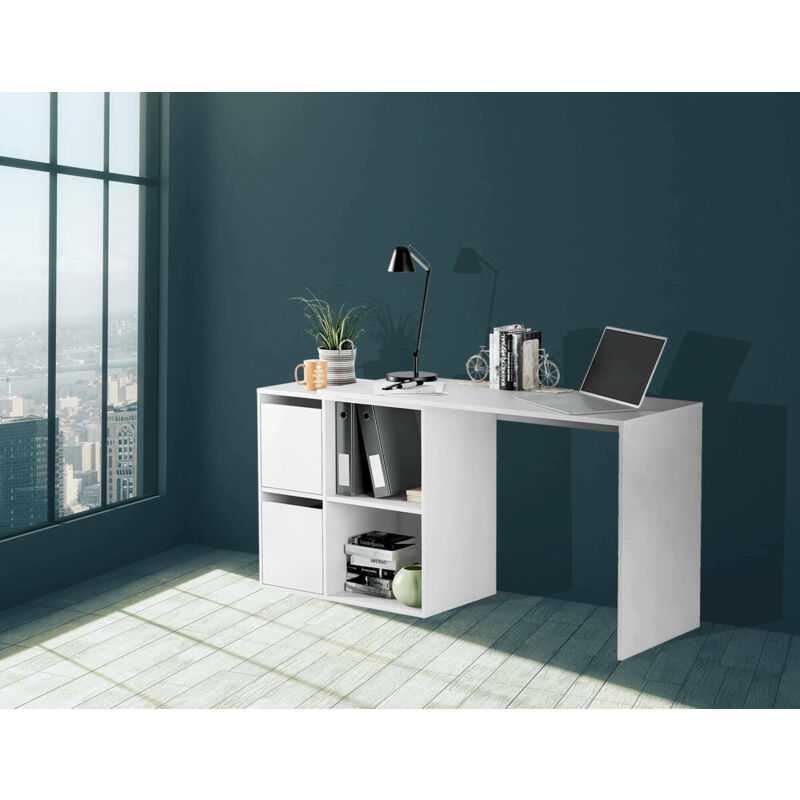 Dmora Scrivania con libreria alta moderna, Consolle con scaffali  portaoggetti, Tavolo da studio per cameretta, cm 160x40xh135, colore  Bianco, con imballo rinforzato