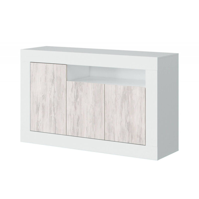 Dmora Credenza moderna a 3 ante, Buffet da cucina, Madia con scaffali e  ripiani, Mobile da soggiorno Porta TV, cm 138x42xh86, colore Bianco e  Cemento : : Casa e cucina