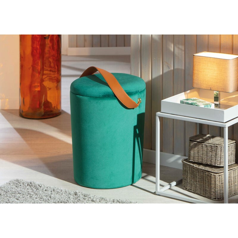 Dmora Pouf secchiello contenitore in velluto e maniglia in ecopelle, colore  verde, cm 35x35x45