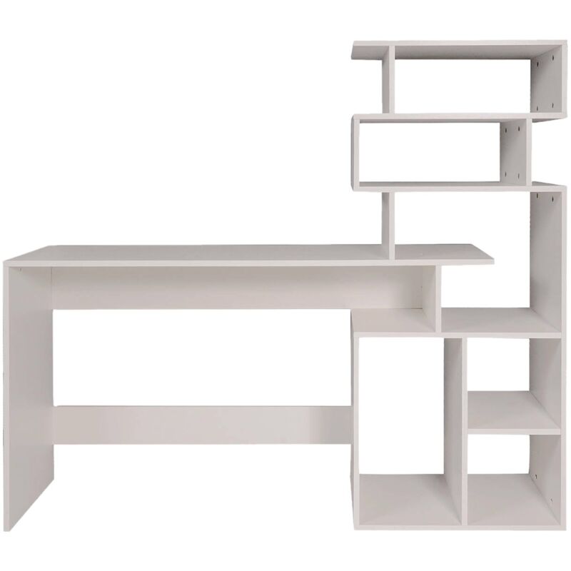 Scrivania con libreria alta moderna, Consolle con scaffali portaoggetti,  Tavolo da studio per cameretta, cm 160x40xh135, colore Bianco, Con imballo  rinforzato