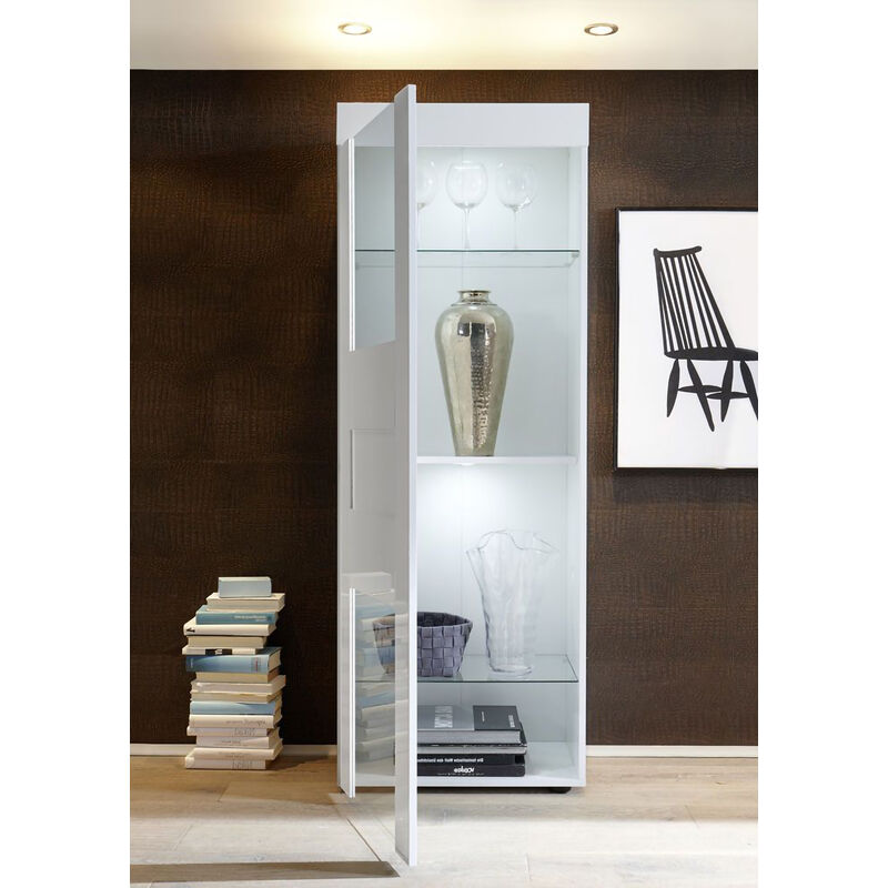 Vetrina moderna con scaffali, Made in Italy, Credenza con anta a vetro,  Mobile da soggiorno, Vetrinetta, cm 110x42h190, colore Bianco lucido e  Cemento, Con imballo rinforzato