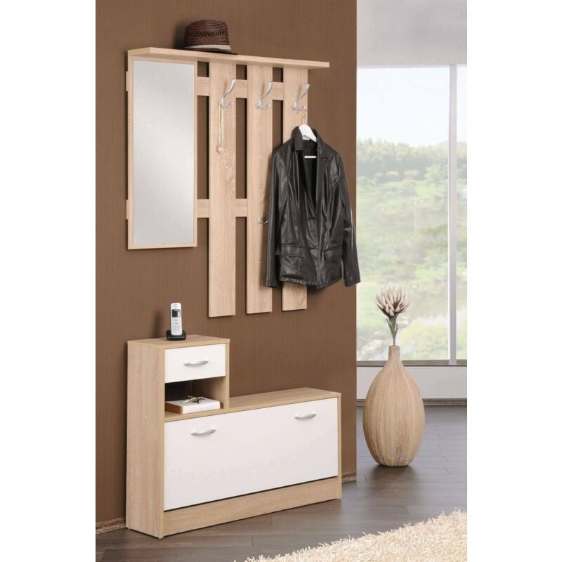 Dmora Mobile da ingresso con specchiera, entratina per atrio con scarpiera, Svuotatasche  per piccoli appartamenti, cm 100x25h180, colore Bianco e Rovere