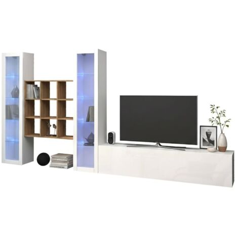 Mobile Tv A Parete Con Vetrina 5 Pz Illuminazione Led Bianco
