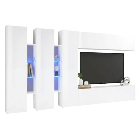 Dmora - Parete attrezzata Carretto, Set salotto porta TV a 5 ante, Mobile soggiorno multiuso, 100% Made in Italy, cm 340x30h180, Bianco lucido (1/5)