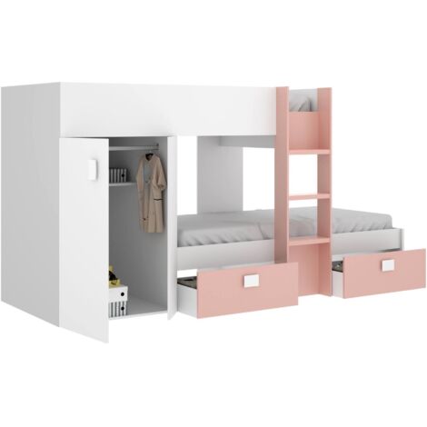 Dmora - Letto per bambini Cevedale, Cameretta completa con armadio e cassetti, Composizione letto a castello con due lettini singoli, 271x111h150 cm, Bianco e Rosa, con imballo rinforzato