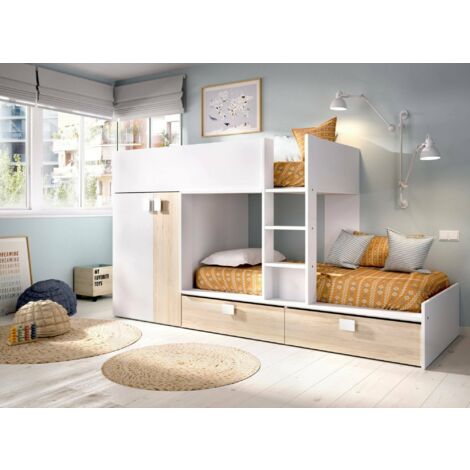 Letto per bambini Dguerci, Cameretta completa con armadio e cassetti,  Composizione letto a castello con due lettini singoli, 255x112h150 cm,  Rovere e Antracite