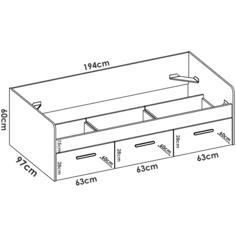 Letto per bambini Daabou, Lettino contenitore per cameretta, Struttura per letto  singolo con 3 cassettoni, 194x97h60 cm, Bianco