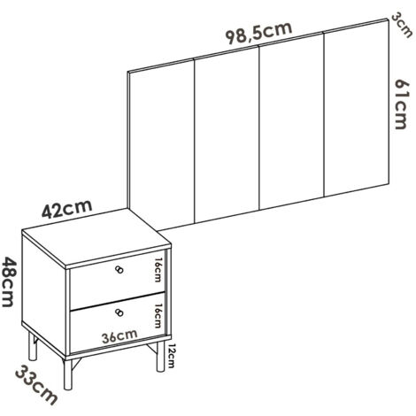 Testiera letto Yuma, Testata letto con 2 comodini, Set per camera da letto,  266x34h89 cm, Bianco e Rovere, con imballo rinforzato