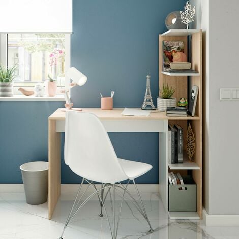 Dmora - Scrivania Abba, Scrittoio lineare con libreria, Tavolo ufficio multiuso salvaspazio, 110x52h136 cm, Bianco e Rovere