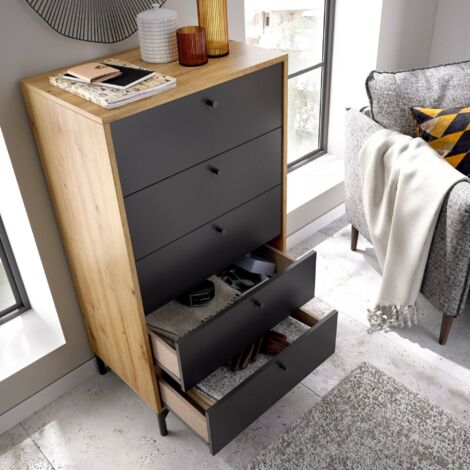 Comò Alto A Torre 5 Cassetti In Tessuto E Acciaio, Cassettiera Verticale Per Camera Da Letto, Corridoio, Ingresso, Nero, 45x29x116 Cm