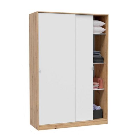 Dmora - Guardaroba Waterbury, Armadio per camera da letto a 2 ante scorrevoli, Mobile con 3 ripiani e barra appendiabiti, 120x50h200 cm, Bianco e Rovere Nodi, con imballo rinforzato