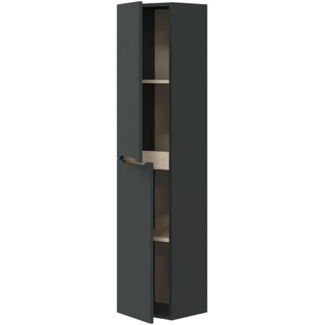 Dmora - Colonna bagno Williamsburg, Pensile bagno sospeso a 2 ante, Armadio alto, 31x26h135 cm, Antracite e Rovere, con imballo rinforzato