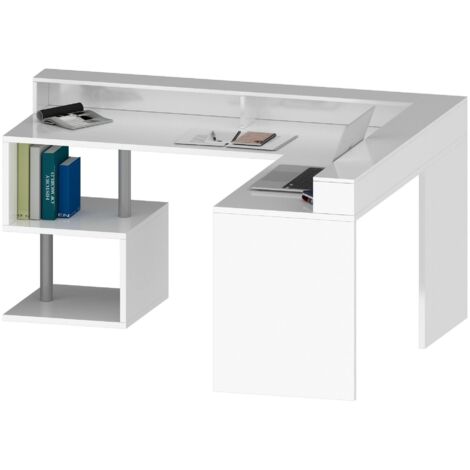Scrivania Dcalafior, Scrittoio Lineare Con Ripiani Portaoggetti E Luci Led Scrivania Ufficio Multiuso Con Sopralzo 100x50h93 Cm Bianco