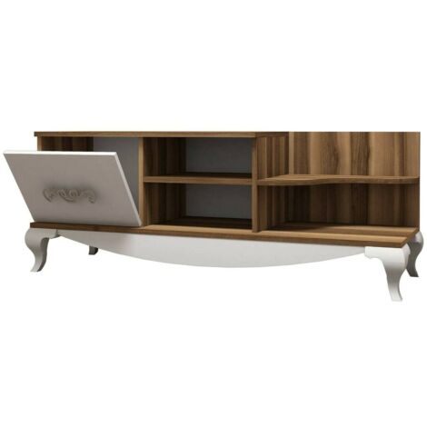 Dmora - Mobile porta TV Assolo, Credenza da soggiorno, Armadio basso per TV, Base parete attrezzata, 130x45h51 cm, Noce e Bianco (1/5)