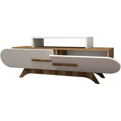 Dmora - Mobile porta TV Baghdad, Credenza da soggiorno, Armadio basso per TV, Base parete attrezzata, 145x37h50 cm, Noce e Bianco (1/4)