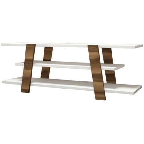 Dmora - Mobile porta TV Mir, Credenza da soggiorno, Armadio basso per TV, Base parete attrezzata, 120x34h42 cm, Noce e Bianco, con imballo rinforzato, con imballo rinforzato (1/4)