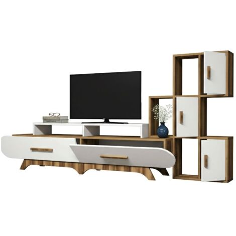 Dmora - Parete attrezzata Zephyria, Composizione soggiorno, Mobile salotto multiuso, Armadio porta TV, 205x37h50 cm, Noce e Bianco, con imballo rinforzato, con imballo rinforzato
