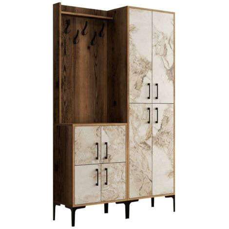 Dmora - Mobile da ingresso Eufemia, Entratina appendiabiti, Composizione per atrio, Consolle portaoggetti multifunzione, 120x35h200 cm, Noce e Bianco Marmo