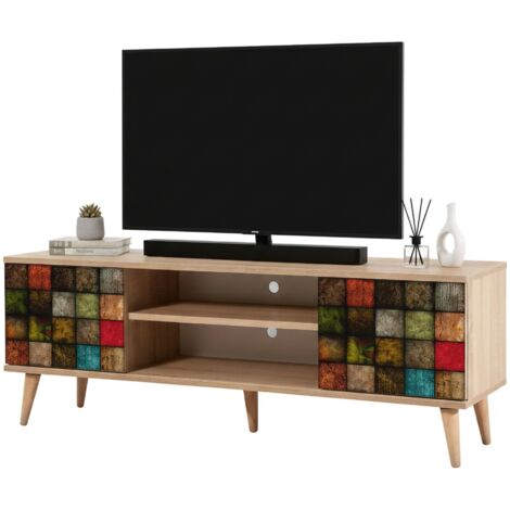 Mobile TV In Legno Di Recupero 110x30x40 Cm – Multicolore Fatto A Mano Con 3 Cassetti