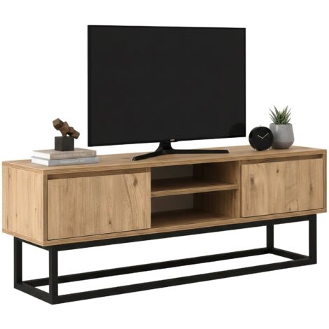 Dmora Mobile Porta TV Circini, Credenza Soggiorno 180x34 H52 Cm, Noce E Nero, Armadio Basso Con Scaffali E Fissaggio A Muro