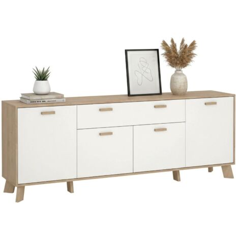 Dmora Credenza Arvada Moderna A 3 Ante - Buffet Cucina E Madia Soggiorno 154x41h75 Cm, Bianco E Rovere, Con Ripiani, Design Salvaspazio