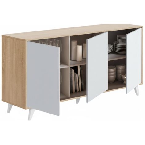 Dmora - Credenza Weddell, Buffet da soggiorno, Madia da salotto, Dispensa da cucina, 154x40h72 cm, Rovere e Bianco