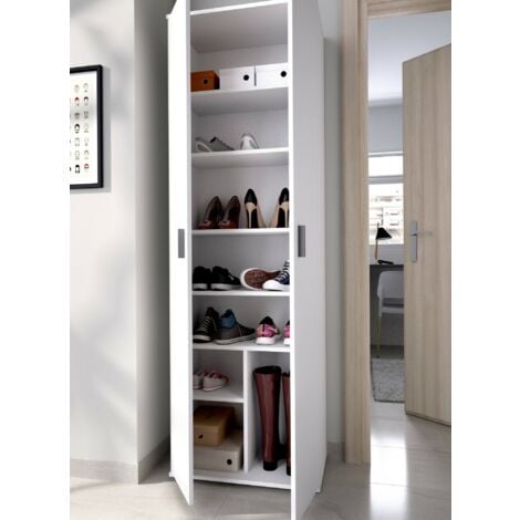 Armadio multiuso 2 ante Suretta, Mobile multifunzione portaoggetti, Guardaroba porta scarpe, 61x35h190 cm, Bianco