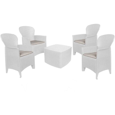 Dmora - Set salotto da esterno Sulzano, Salottino outdoor o indoor, 4 poltrone con braccioli con un tavolino contenitore, Made in Italy, Bianco (1/3)
