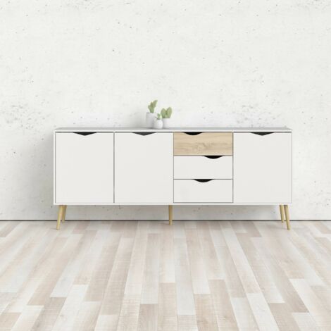 Credenza alta Maia 3 ante 3 cassetti con vetro antracite lucido rovere