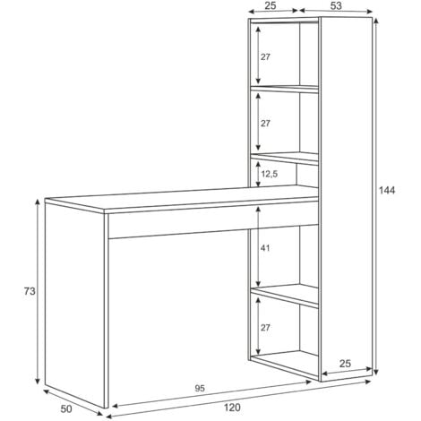 Dmora Scrivania Denton, Scrittoio multifunzione reversibile con libreria a 5 ripiani, Tavolo da studio o ufficio porta PC portalibri, cm 120x53h144, Bianco, con imballo rinforzato
