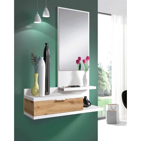 Dmora Mobile da Ingresso con Specchio e scarpiera Legno 100 x 25 x 180 cm Entratina con cassetto Bianco e Rovere
