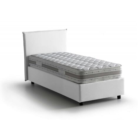 Talamo Italia - Letto singolo Aquilla, Letto contenitore con rivestimento in tessuto, 100% Made in Italy, Apertura frontale, con materasso Cm 80x190 incluso, Bianco (1/5)