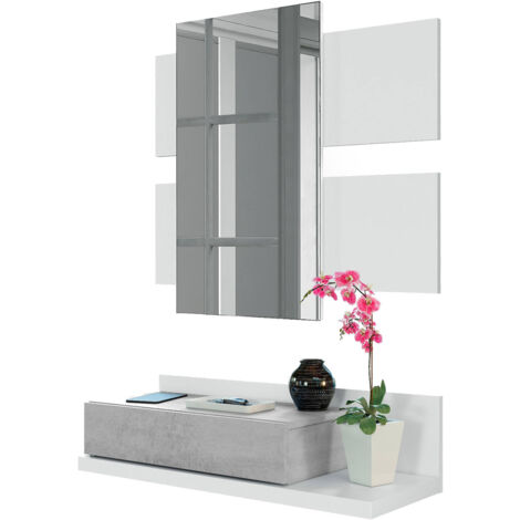 Dmora Mobile da ingresso Erie, Entratina sospesa con specchio, Mobile con cassetto per entrata, cm 75x29h90, Bianco e Cemento, con imballo rinforzato