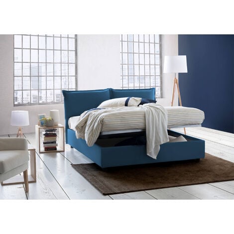 Letto matrimoniale Sabrina, Letto contenitore con rivestimento in tessuto,  100% Made in Italy, Apertura frontale, con materasso Cm 160x200 incluso,  Blu, con imballo rinforzato