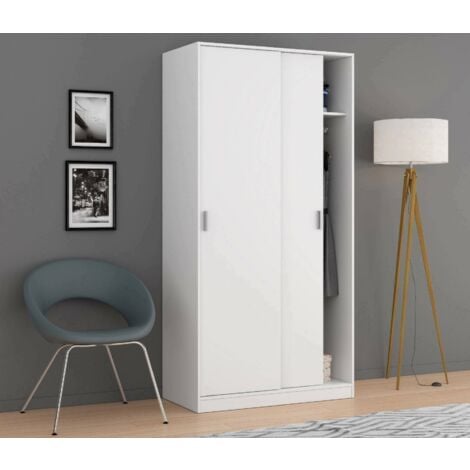 Guardaroba, Armadio per camera da letto a 2 ante scorrevoli, Mobile con ripiano e barra appendiabiti, cm 100x50h200, Bianco