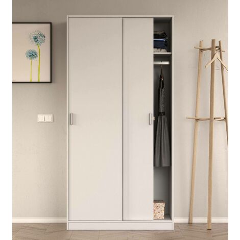 Guardaroba, Armadio per camera da letto a 2 ante scorrevoli, Mobile con ripiano e barra appendiabiti, cm 100x50h200, Bianco