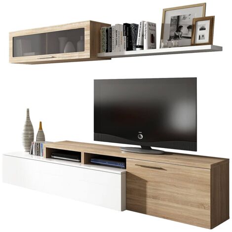 Parete attrezzata, Mobile soggiorno porta TV, Composizione salotto reversibile, Set salotto ad angolo, cm 200x41h44, Rovere e Bianco lucido