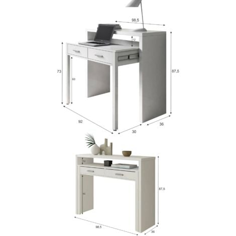 Consolle, Scrivania con piano estensibile, Scrittoio porta PC con 2 cassetti, cm 99x36h88, Bianco