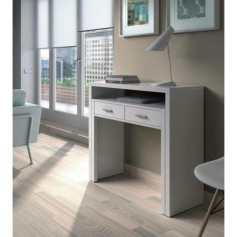 Consolle, Scrivania con piano estensibile, Scrittoio porta PC con 2 cassetti, cm 99x36h88, Bianco