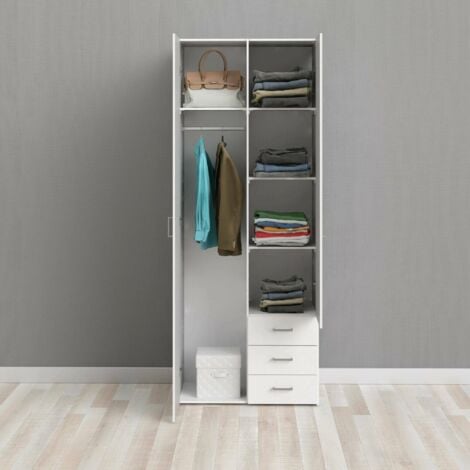 Dmora Armadio guardaroba a due ante e tre cassetti, colore bianco, Misure 77 x 200 x 49,5 cm, con imballo rinforzato